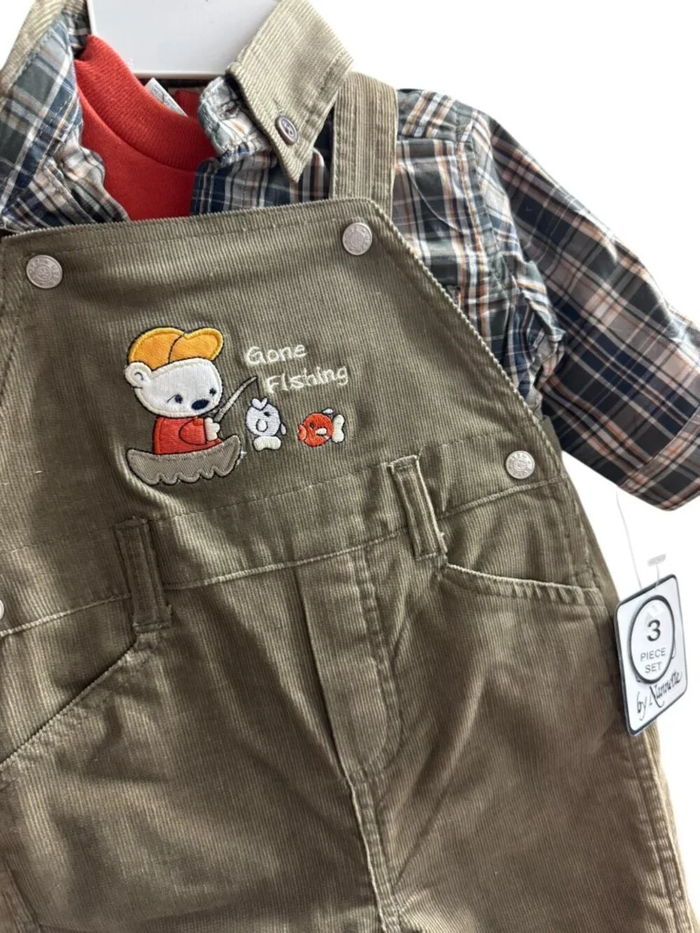 Nanette Baby Boys Z Wear 3-Piece Gone Fishing Corduroy Overalls Set Size 6-9M